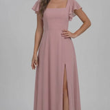 INEWER Square Neck Flutter Sleeve Chiffon Slit Maxi Dress
