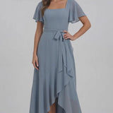INEWER Flutter Sleeve Asymmetric Chiffon Maxi Dress