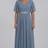 INEWER V-Neck Flutter Sleeve Chiffon A-Line Maxi Gown
