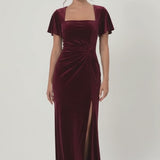 INEWER Square Neck Flutter Sleeve Velvet Ruched Slit Maxi Gown