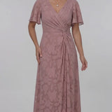 INEWER Flutter Sleeve Ruched Floral Burnout Slit Maxi Gown