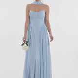 INEWER Strapless Ruched Chiffon A-Line Maxi Gown