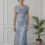 INEWER Draped Cowl Neck Sequin Chiffon Maxi Gown