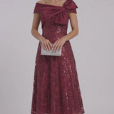 INEWER Off Shoulder Bow Sequin A-Line Maxi Dress