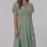 INEWER V Neck Flutter Sleeve Ruched Chiffon Midi Dress