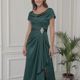 INEWER Draped Neck Ruched Satin Slit Maxi Gown