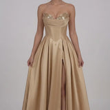 INEWER Strapless Sequin Corset Satin Slit Prom Gown