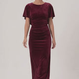 INEWER Scoop Neck Cape Sleeve Ruched Velvet Maxi Gown