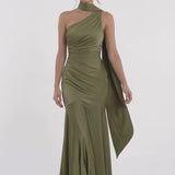 INEWER One Shoulder Ruched Satin Mermaid Maxi Gown