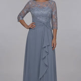 INEWER Illusion Lace Ruffle Chiffon A-Line Maxi Gown