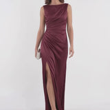 INEWER Bateau Neck Ruched Satin Slit Maxi Gown