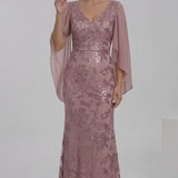 INEWER V Neck Cape Sleeve Sequin Chiffon Maxi Gown