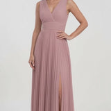 INEWER V Neck Pleated Chiffon A-Line Slit Maxi Gown