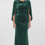 INEWER Cape Sleeve Ruched Velvet Mermaid Maxi Gown