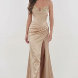 INEWER Sequin Sweetheart Corset Satin Ruched Slit Prom Gown