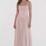INEWER Spaghetti Strap Ruched Chiffon Slit Maxi Gown