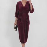 INEWER V-Neck Tie Ruched Velvet Midi Dress