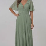 INEWER V Neck Flutter Sleeve Pleated Chiffon Maxi Dress