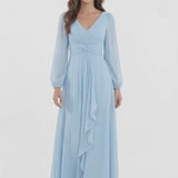 INEWER V-Neck Long Sleeve Ruched Chiffon Ruffle Maxi Gown