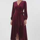 INEWER Long Sleeve Velvet Wrap High-Low Dress