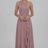 INEWER One Shoulder Ruched Chiffon Ruffle Slit Maxi Gown