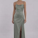INEWER Spaghetti Strap Cowl Neck Satin Slit Maxi Gown