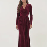 INEWER V-Neck Long Sleeve Velvet Ruched Maxi Gown