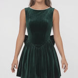 INEWER Scoop Neck Pearl Velvet Bow Back Mini Dress