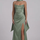 INEWER Strapless Ruched Corset Satin Slit Maxi Gown