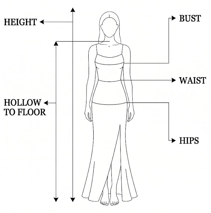 Diagram showing where to measure bust, waist, hips, height, and hollow to floor